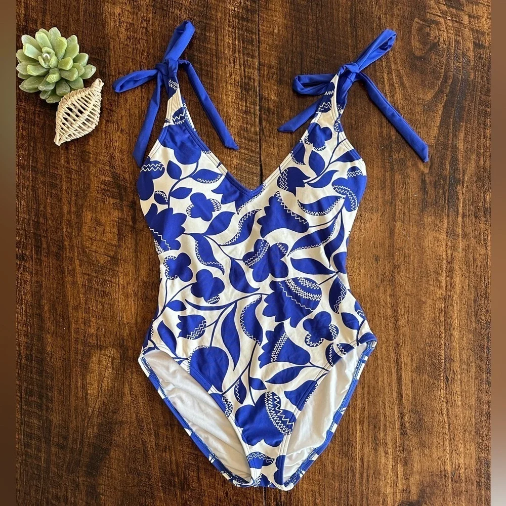 Kate Spade | Zigzag Floral Bow-Strap V-Neck One-Piece Swimsuit